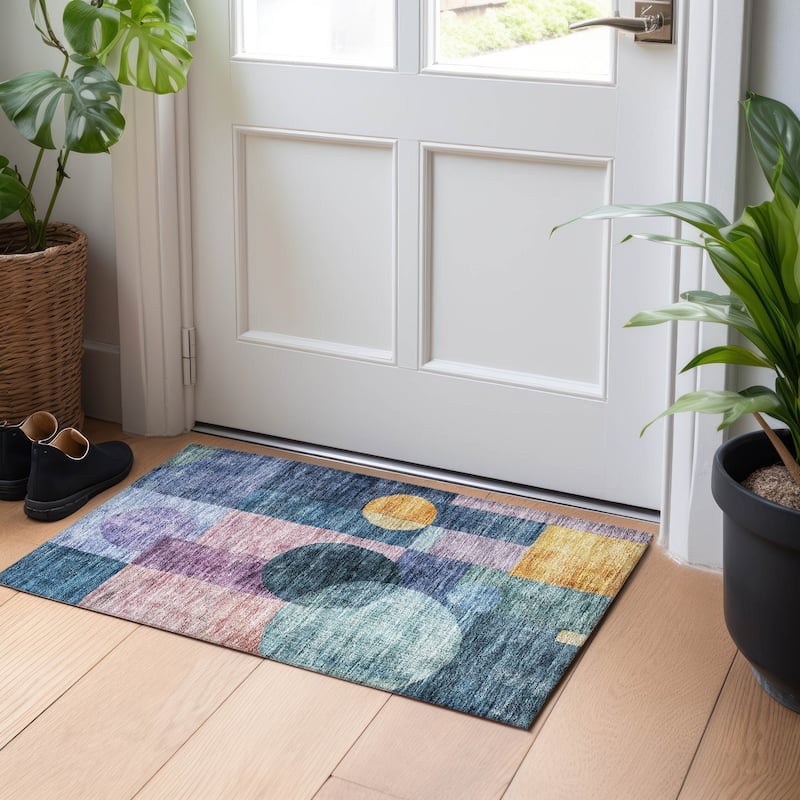 Machine Washable Indoor/ Outdoor Abstract Geo Chantille Rug - Blue - 1'8" x 2'6"