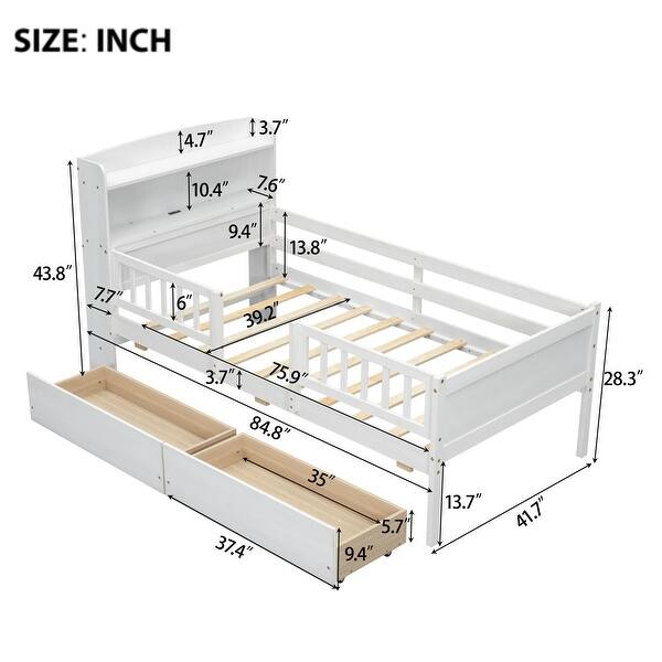 dimension image slide 1 of 2, Twin Size LED Wood Bed with 2 Drawers and Guardrail, Storage Platform Bed Frame with Built-in USB & Type-C Charging Ports