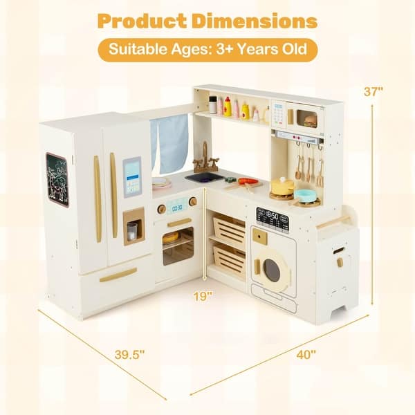 dimension image slide 1 of 3, Costway Corner Play Kitchen with Lights & Sounds Wooden Toy Kitchen - See Details