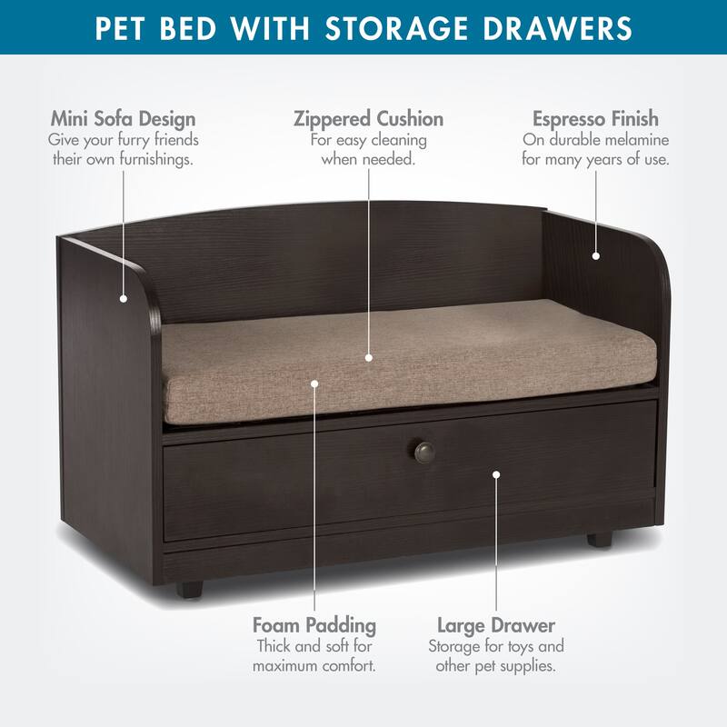 Studio Designs Paws & Purrs Pet Sofa Bed with Storage Drawer and Washable Cover Espresso/Sand
