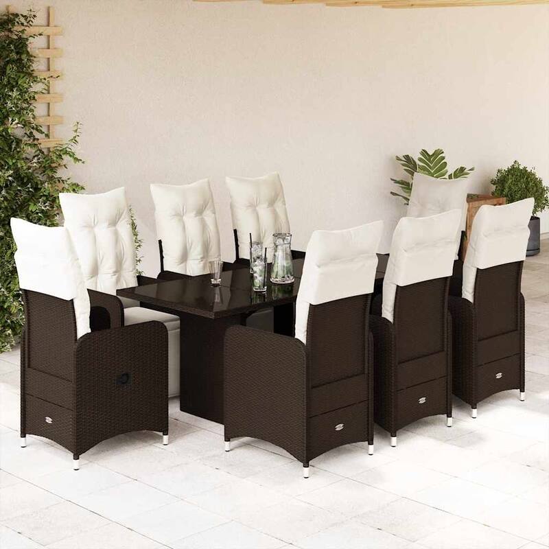 vidaXL Patio Bistro Set with Cushions Outdoor Table and Chairs Brown Poly Rattan - 59.1" x 35.4" x 29.5" - Brown (5)