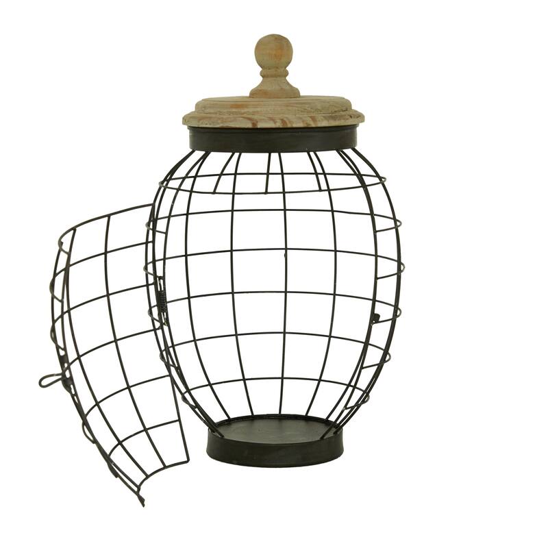 Metal Caged Style Decorative Jars with Wood Lids - Set of 2 Black - Roche River Decor - 9"W x 9"L x 15"H