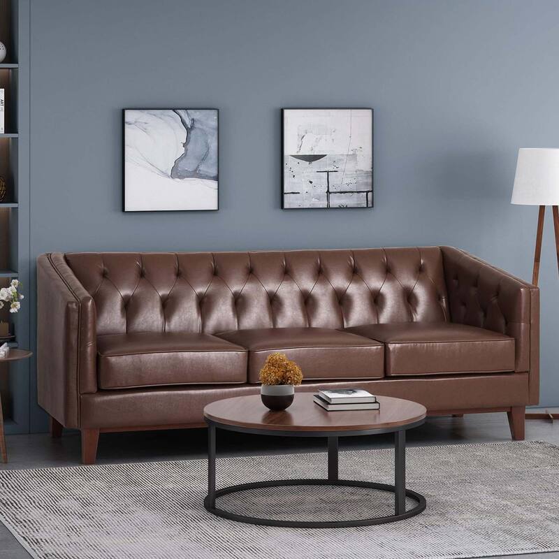 81" Faux Leather 3-Seat Couch Sofa, Wood Frame Loveseat with Armrests, Small Space Couches for Living Room, Office - Dark Brown