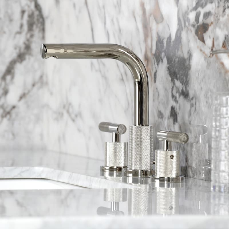 Kingston Brass Convergent Two-Handle 3-Hole Deck Mount Widespread Bathroom Faucet with Knurled Handle and Brass Pop-Up Drain