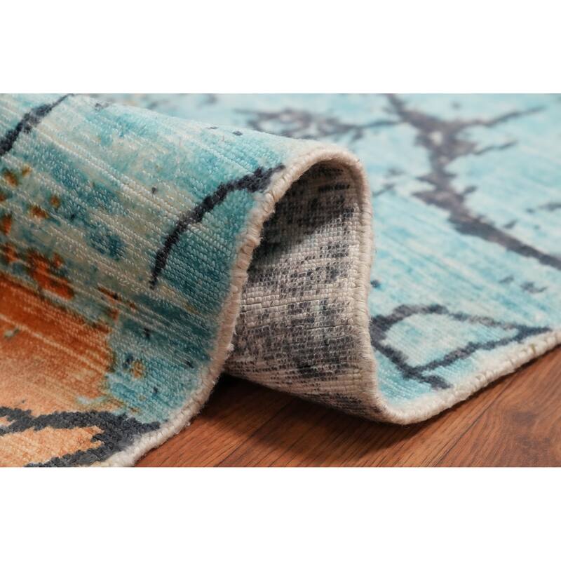 Hand Knotted Oriental Viscose Silk Carpet Modern Pictorial Multi-Colored Abstract Area Rug - 7' 11'' X 5' 0''