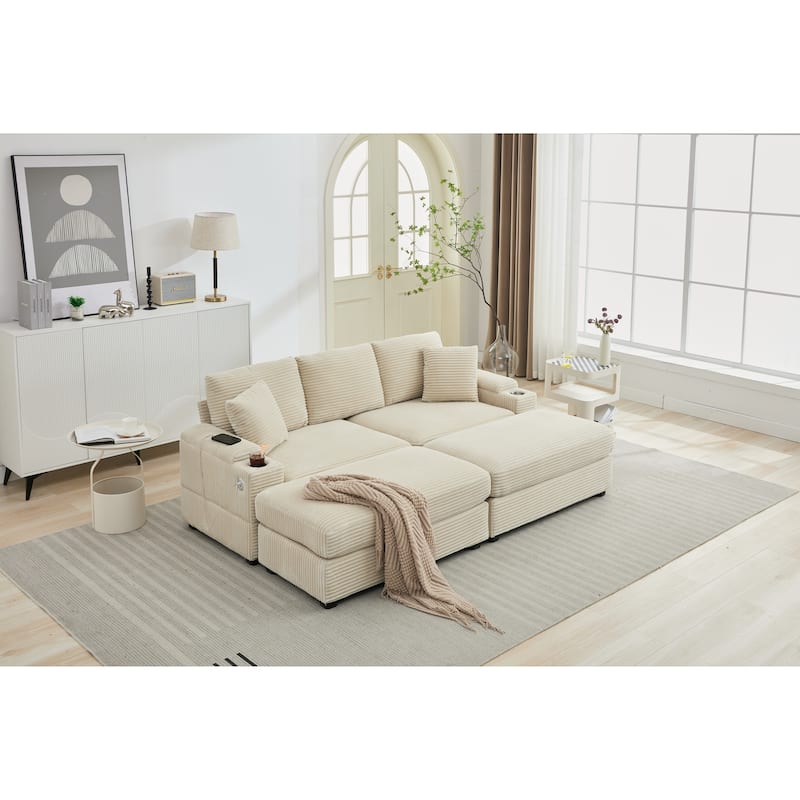 Modular Convertible Sectional Sofa with 2 Ottomans, 2 Seaters Corduroy Arms Couch, Loveseat Sofa with Cup Holders & USB Ports