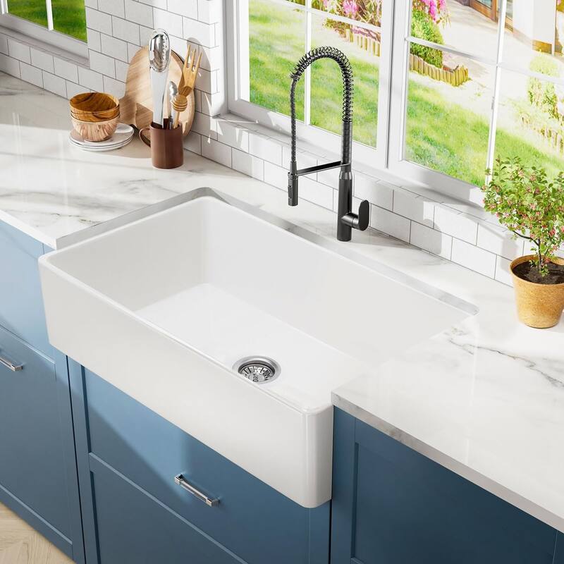 33 inch Sink, Fireclay Kitchen Sinks Farmhouse Ceramic Porcelain Single Bowl Deep Large Capacity Kitchen Sink - Almond,Ancient White
