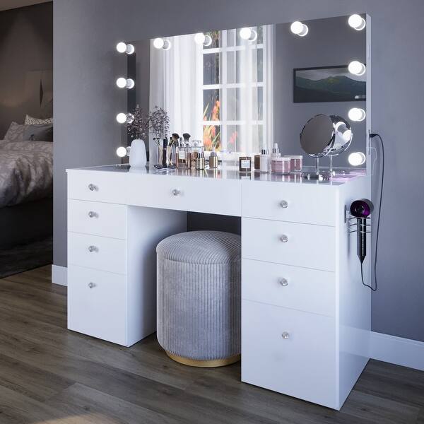 Boahaus Leonore Vanity Desk: Light Bulbs, USB Outlet, 9 Drawers, Glass Top, Hollywood Mirror, White