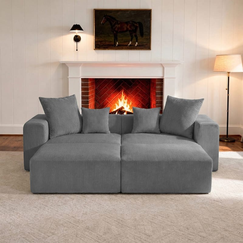 Corduroy Upholstered Modular Sectional Sofa with Ottoman - Gray-4 piece - Symmetrical
