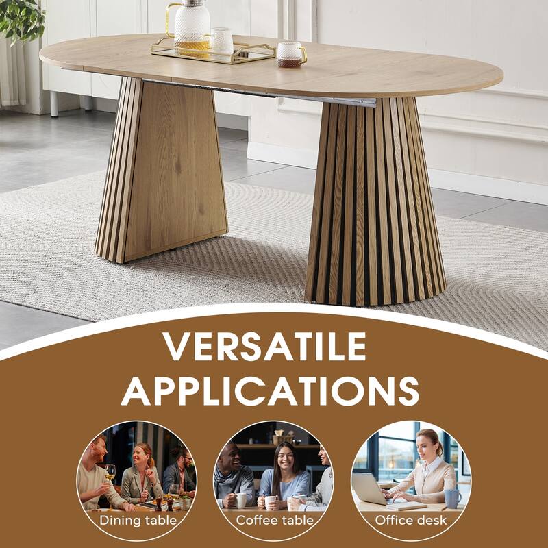 Wooden Dining Table, Flexible and Extendable, Multi-functional and Space-saving, Fashionable Oval Design and Slatted Table Legs