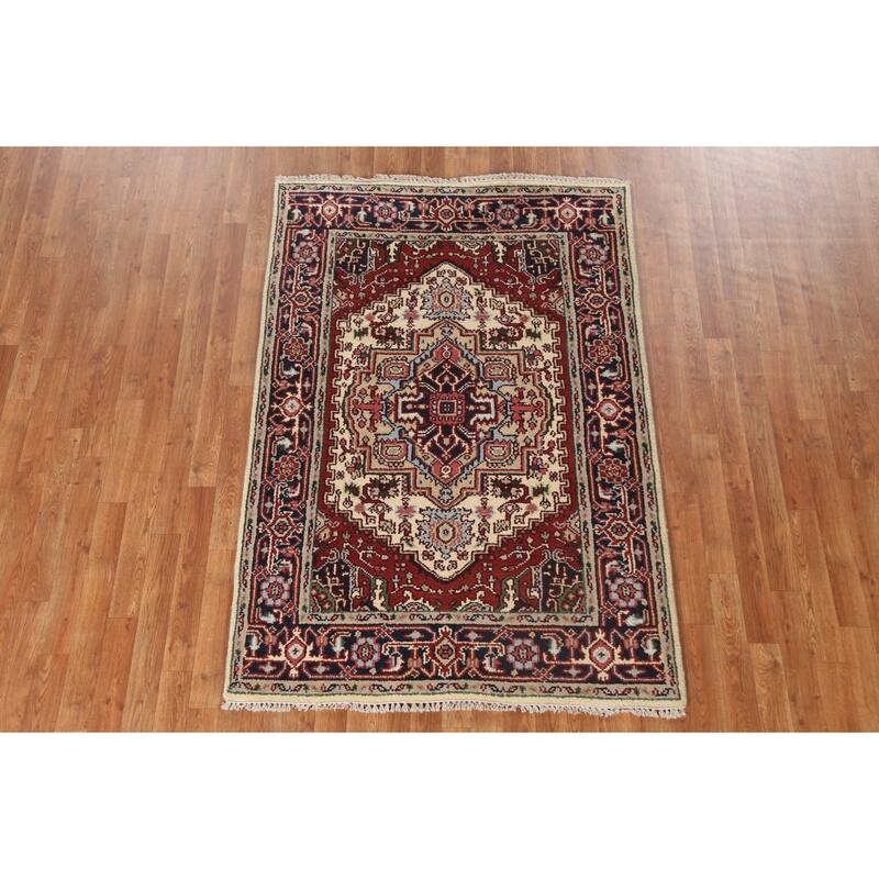 Geometric Traditional Heriz Serapi Oriental Wool Area Rug Hand-knotted - 4'0" x 5'11"