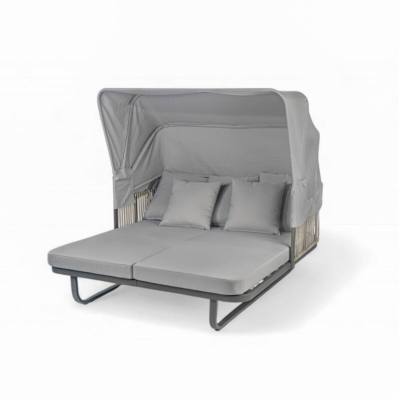 57" Outdoor Patio Rattan Daybed Sunbed with Retractable Canopy and Pillows