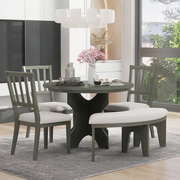 5-piece Rustic Charm Round Dining Set with 3 Upholstered Chairs and Curved Bench for Dining Room, Kitchen and Living room