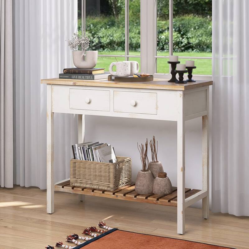 Vintage Distressed Finish Console Table with 2 Drawers and Open Shelf