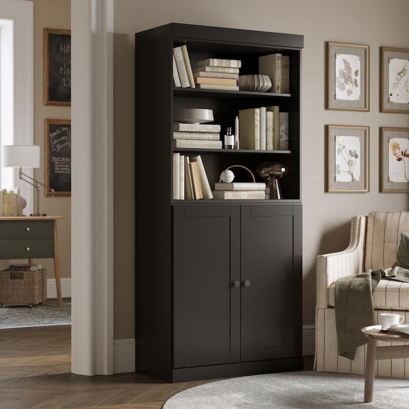 Solid Wood Tall Bookcase with Doors, Adjustable Shelves, Modular Storage, Open Display Bookshelf, 32" W x 71.5" H