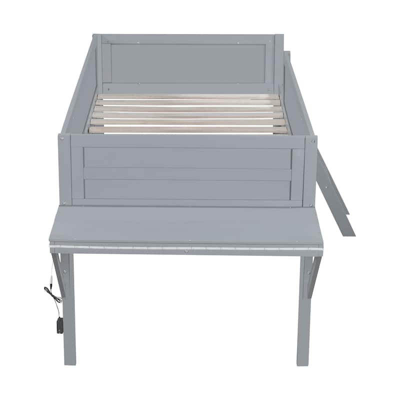 Grey Full Size Wooden Loft Bed with Built-in Gaming Desk, Multi-Color LED Lighting, and Space-Saving Design for Kids and Teens