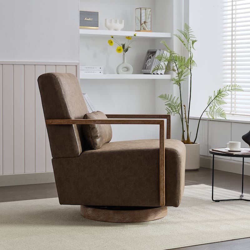 PU Leather Swivel Chair with Wood Armrests