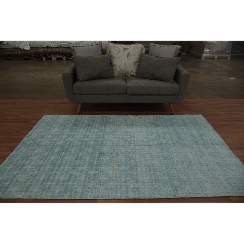 Hand Knotted Oriental Silk Carpet Modern Geometric Navy Blue & Blues Gabbeh Area Rug - 7' 4'' X 4' 11''