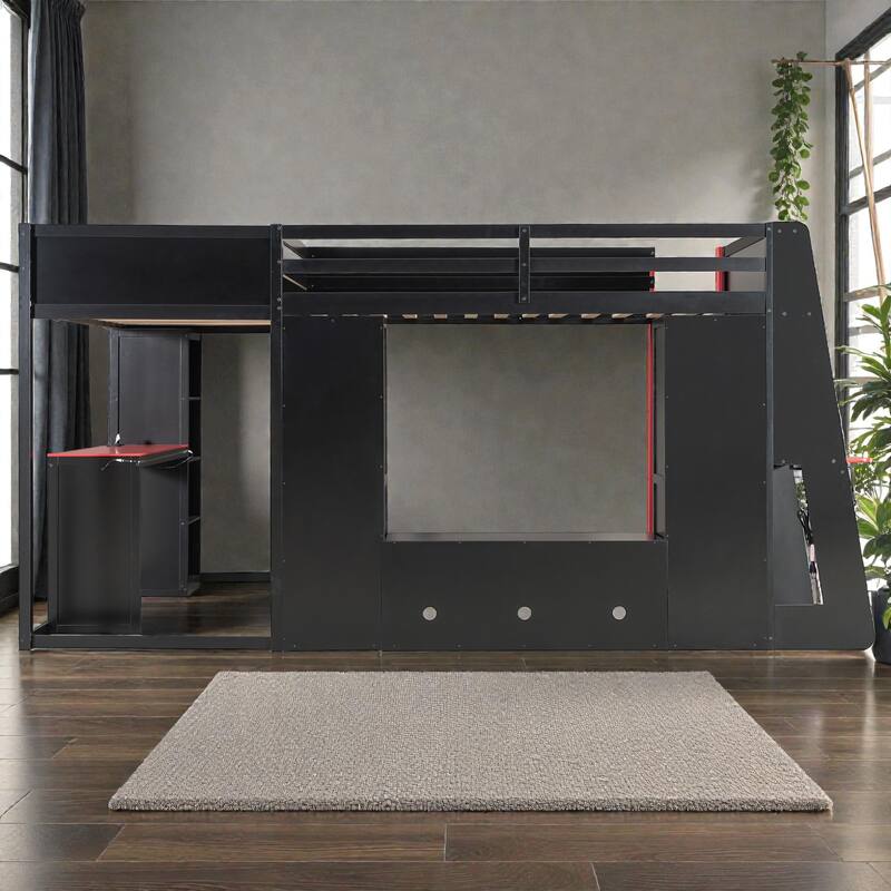 L-Shaped Twin Gaming Bed Frame with RGB LED Lights, USB Ports, TV Stand, Storage Shelves & Reversible Loft Design