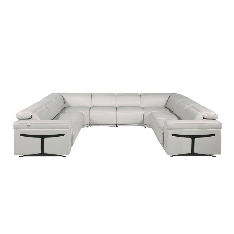 HomeRoots Light Gray Italian Leather Power Reclining U Shaped Eight Piece Corner Sectional With Console