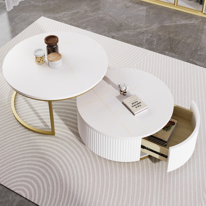Modern Round Nesting Coffee Set of 2, Stacking Living Room Accent Tables with Gold Metal Frame, Office Wood Center Table