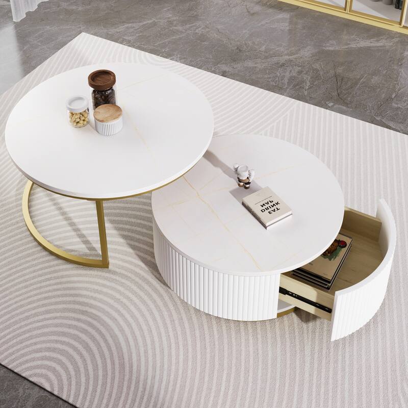 Round Nesting Coffee Table Fluted with Drawer