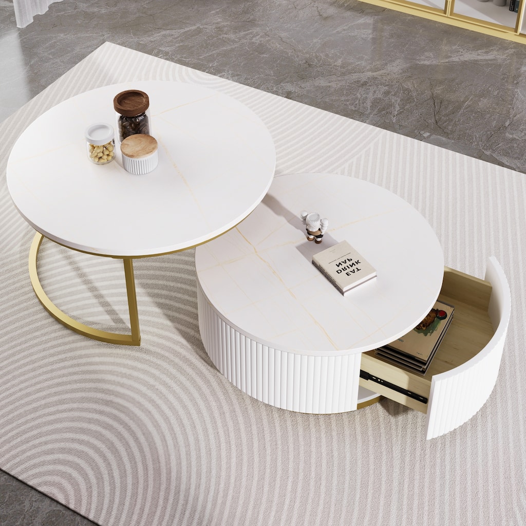 Round Nesting Coffee Table Fluted with Drawer