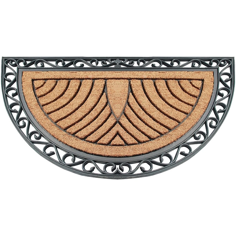 A1 Home Collections Rubber and Coir Half Round Striped Double Door Doormat, Black - 30"X48"