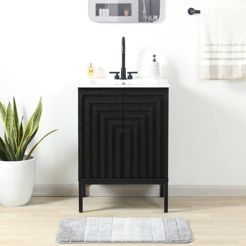Rowan Geometric Modern Transitional 2-Shelf Bath Vanity Cabinet Only (Sink Basin Not Included), By JONATHAN Y - Black - 24"W x 18"D x 33"H