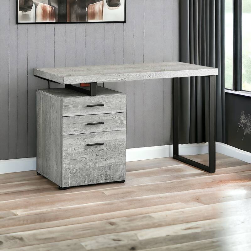 Grey Wood Computer Desk with Drawers and Black Metal Pedestal Base