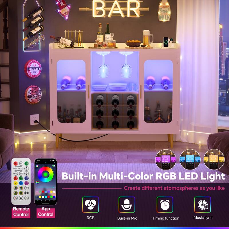 Modern Farmhouse Bar Cabinet with Charge Station and LED Light