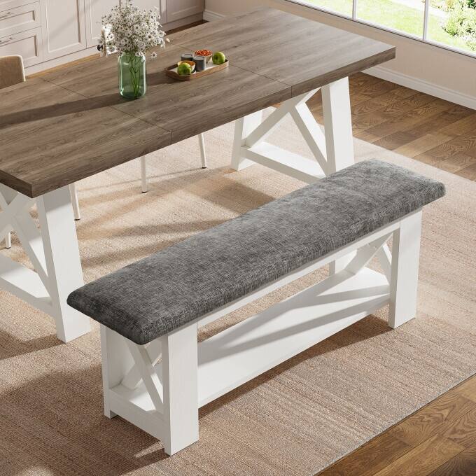 47.24" Farmhouse Dining Bench with Cushion, Wooden Kitchen Table Bench
