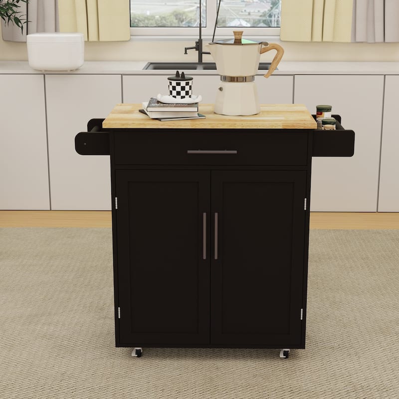 Modern Kitchen Island with Rubber Wood Table Top 1 Drawer, Adjustable Shelves, Towel Rack and Seasoning Rack, for Kitchen