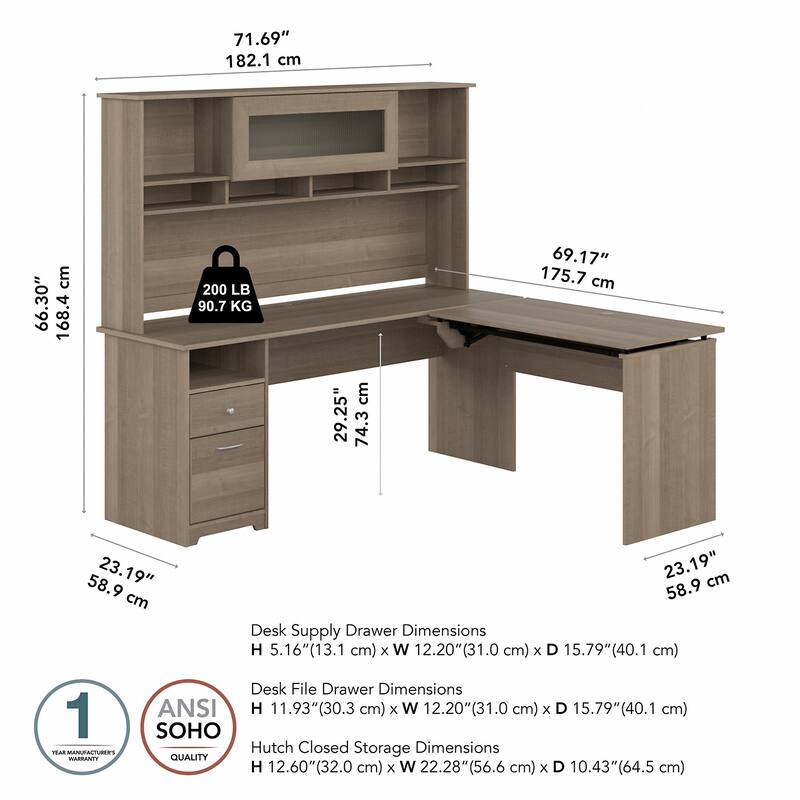 72W 3-position L-shaped Sit to Stand Desk with Hutch by Bush Furniture