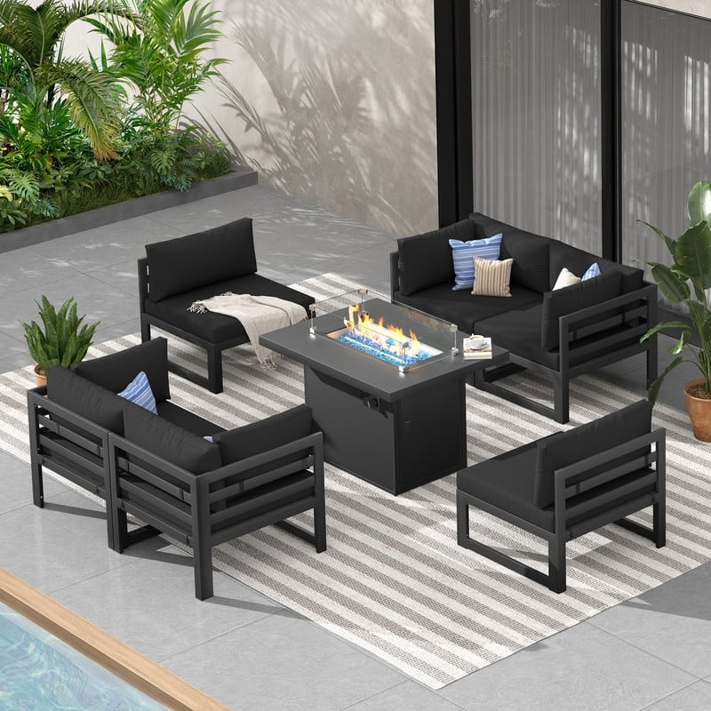FINCATI Aluminum Outdoor Patio Furniture Conversation Sectional Sofa Set - 7 Pieces - Black