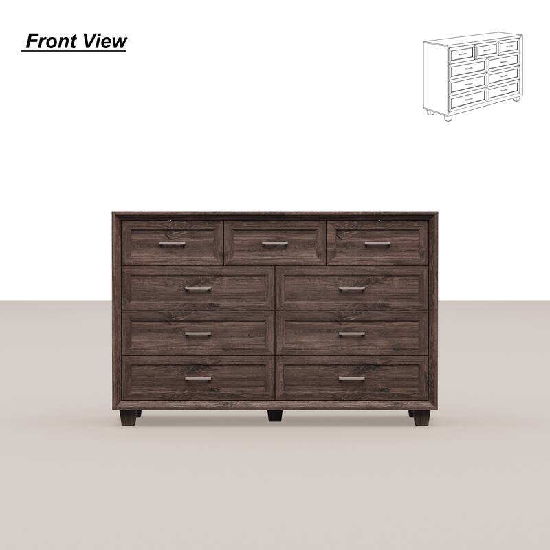 Modern 9-Drawer Dresser with Solid Wood Legs, Vintage Brown and White Wood Grain Options, Bedroom Storage Chest