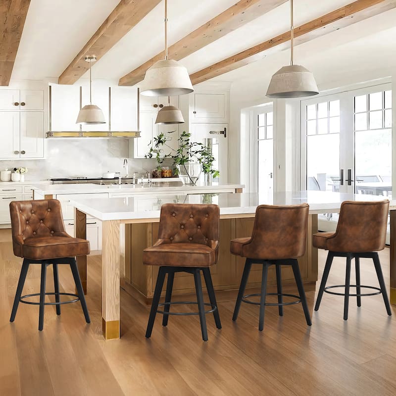 Modern 26 in. Counter Height Barstools 360 Free Swivel Set of 4 Bar Stools with Back - Brown/Faux Leather - Counter Height