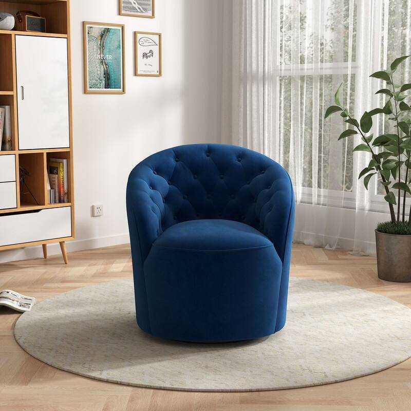 SEYNAR Modern Velvet Upholstered 360 Degree Swivel Barrel Chair with Button Tufted Back - Navy