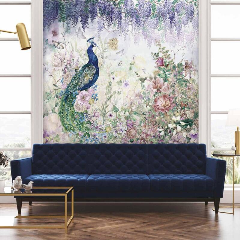 Peacock Wallpaper Mural with Floral and Wisteria Accents