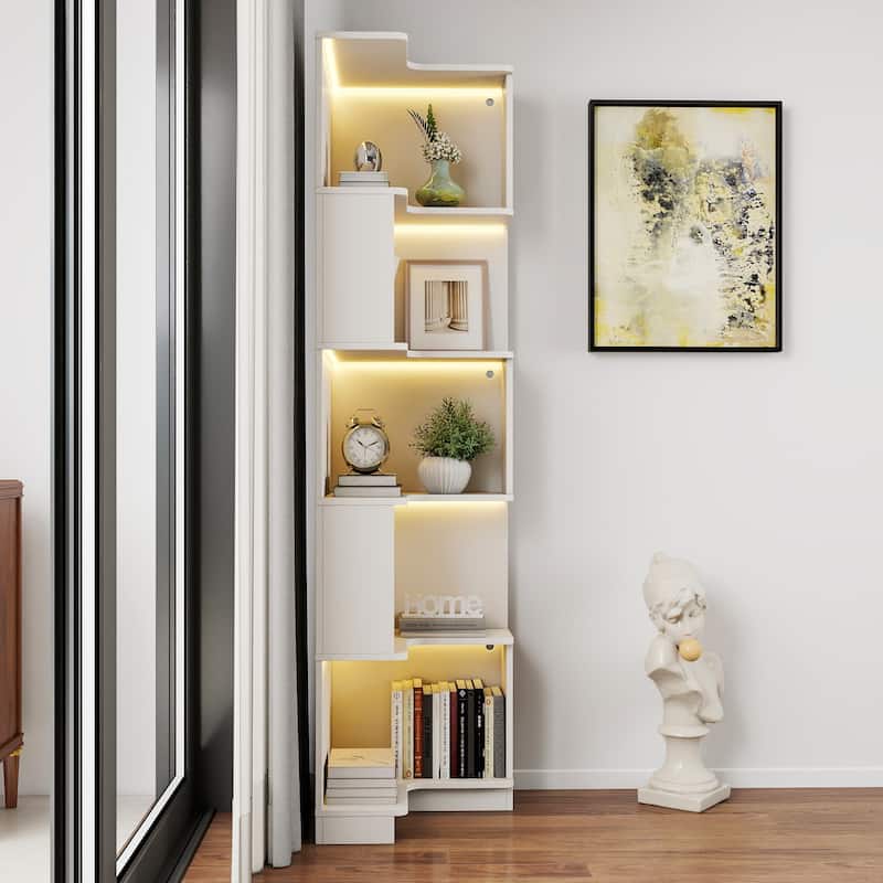Corner Book Shelf - 5 Tier Corner Bookshelf Bookcase with Baffle, Freestanding L Shaped Display Shelf Stand