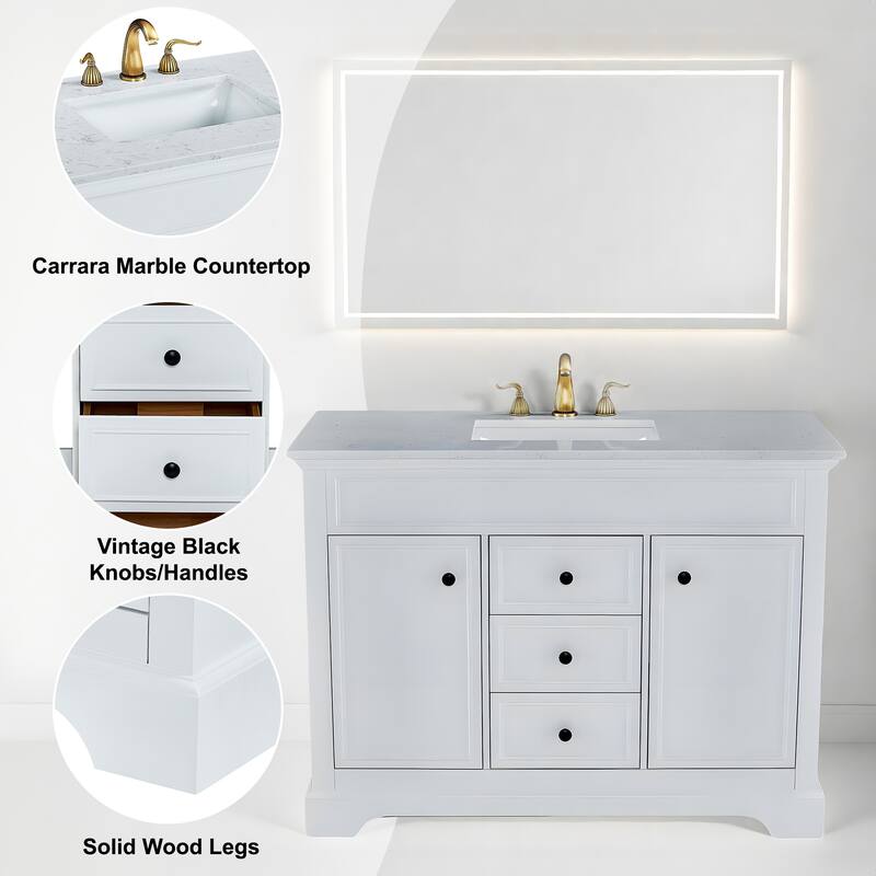 48 in. Freestanding White Bath Vanity with White Carrara Marble Top Assembled
