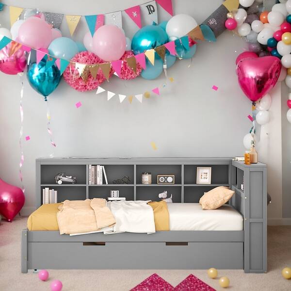 slide 2 of 18, Wooden Twin Size DayBed with Twin Size Trundle and Storage Shelf and USB Charging Ports, Grey Grey