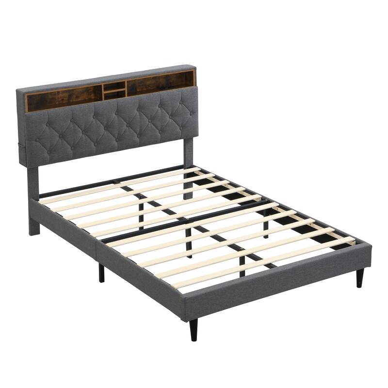 King Size Upholstered Platform Bed Frame Button Tufted Linen Headboard USB Ports Charging Station Dark Grey