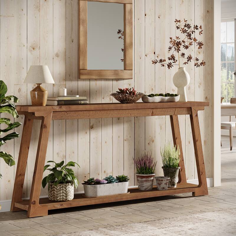 2-Tier Narrow Solid Wood Sofa Table For Entryway