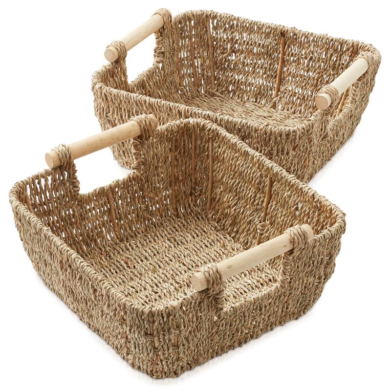 Hyacinth Seagrass Oval Storage Baskets with Wooden Handles Woven Bins