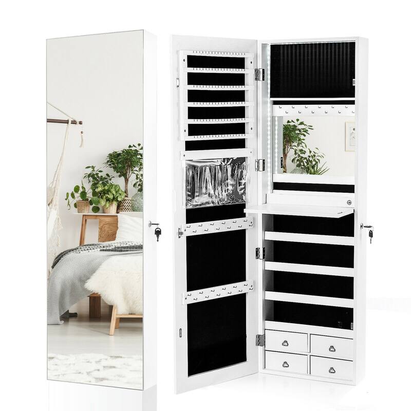 Gymax Mirror Jewelry Cabinet 96 LED Lights Wall Door Mounted Armoire - See Details - White