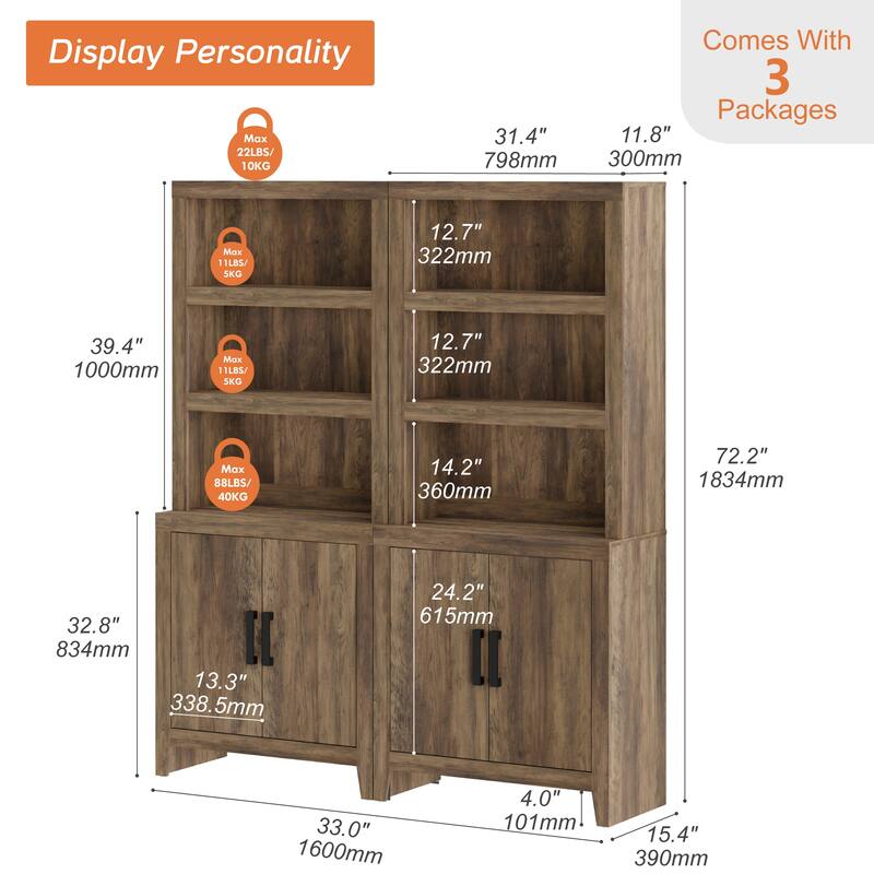 74" Tall Bookshelf with Door, Farmhouse Bookcase with Adjustable Shelf and Storage Cabinet for Living Room, Office