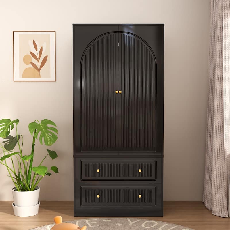 Gymojoy 71" Wardrobe Closet with 2 Doors & 2 Drawers, Modern White Wooden Armoire with Hanging Rod & Gold Handles