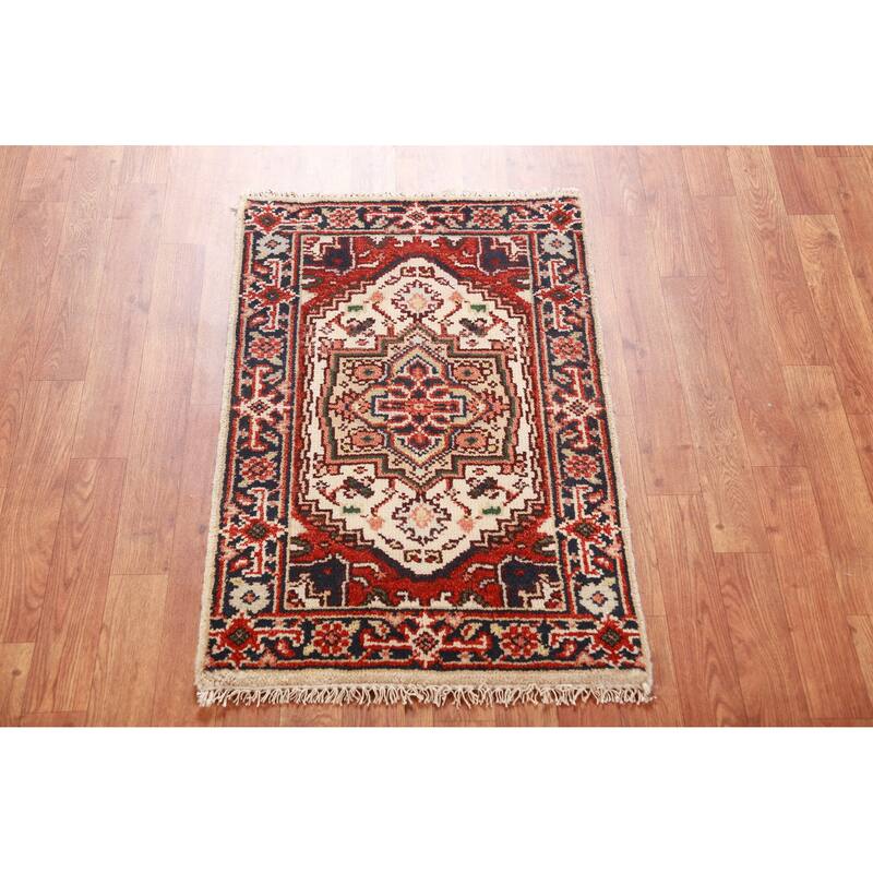 Hand Knotted Oriental 100% Wool Carpet Traditional Medallion Beige & Ivories Heriz (serapi) Area Rug - 3' 0'' X 2' 0''