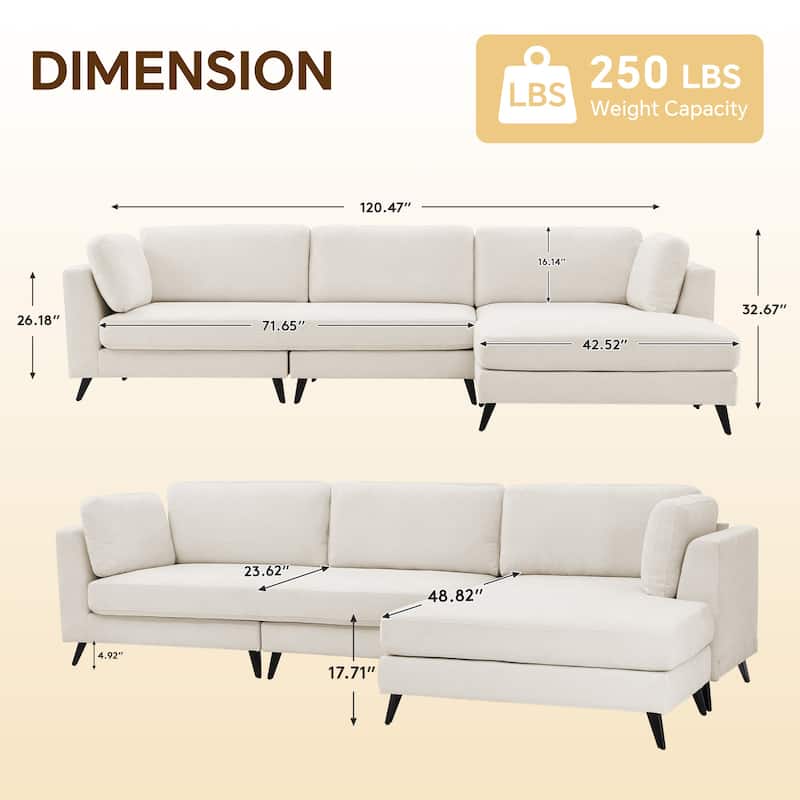 120“ Overised Chenille 3 Seater Sofa with a Removable Ottoman, Modern Upholstered Modular Couch for Living Room